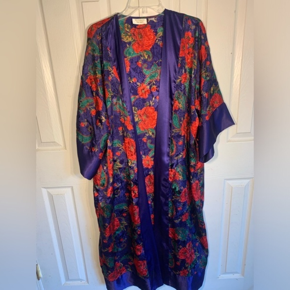VTG Gold Label Victoria's Secret Robe Kimono Paisley Red Rose Floral Purple P/S
